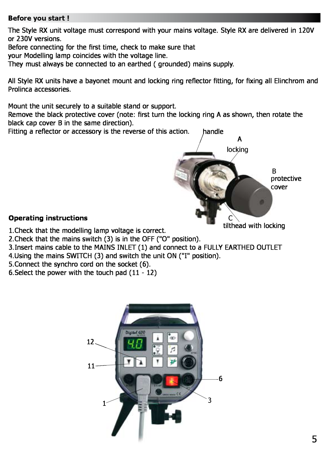 Elinchrom RX 1200, RX 600, RX 300 manual Before you start, Operating instructions 