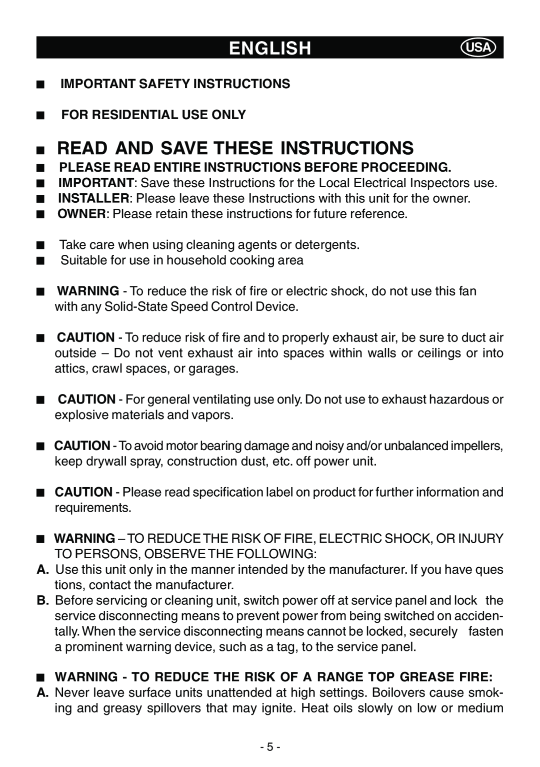 Elitair MC-I-6090 Read And Save These Instructions, Important Safety Instructions For Residential Use Only, Englishusa 