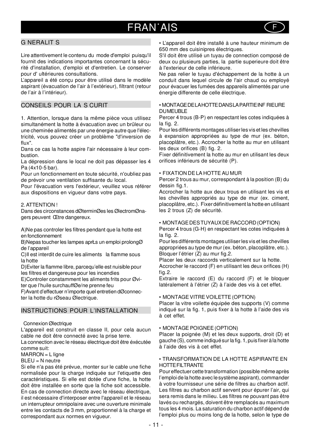 Elitair PN-36 manual Françaisf, Géneralités, Conseils Pour LA Sécurité, Instructions Pour Linstallation 