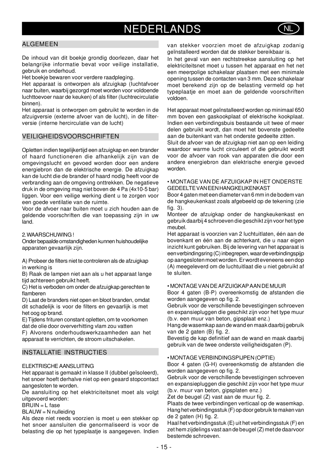 Elitair PN-36 manual Nederlandsnl, Algemeen, Veiligheidsvoorschriften, Installatie Instructies 