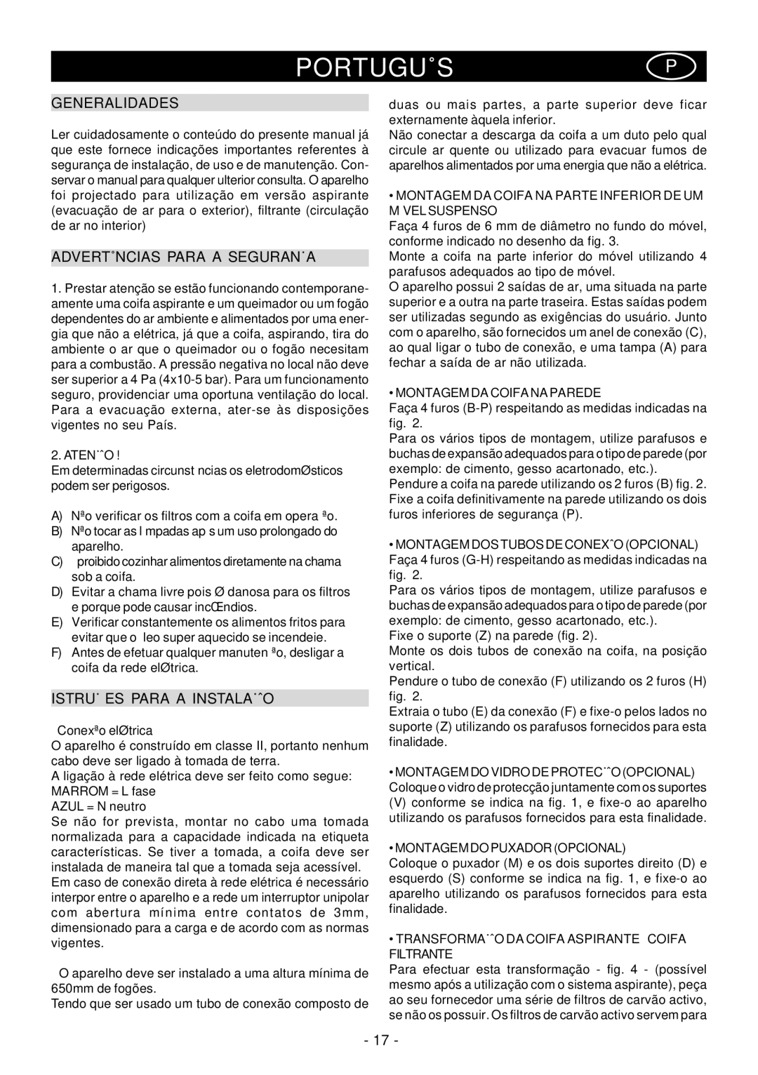 Elitair PN-36 manual Portuguêsp, Advertências Para a Segurança, Istruções Para a Instalação 