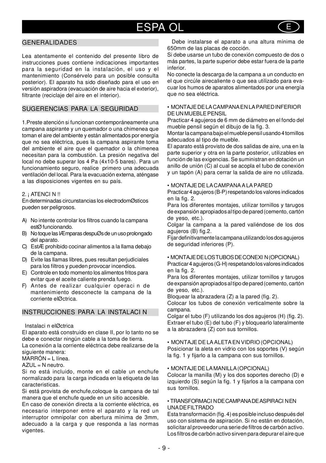 Elitair PN-36 manual Españole, Generalidades, Sugerencias Para LA Seguridad, Instrucciones Para LA Instalación 