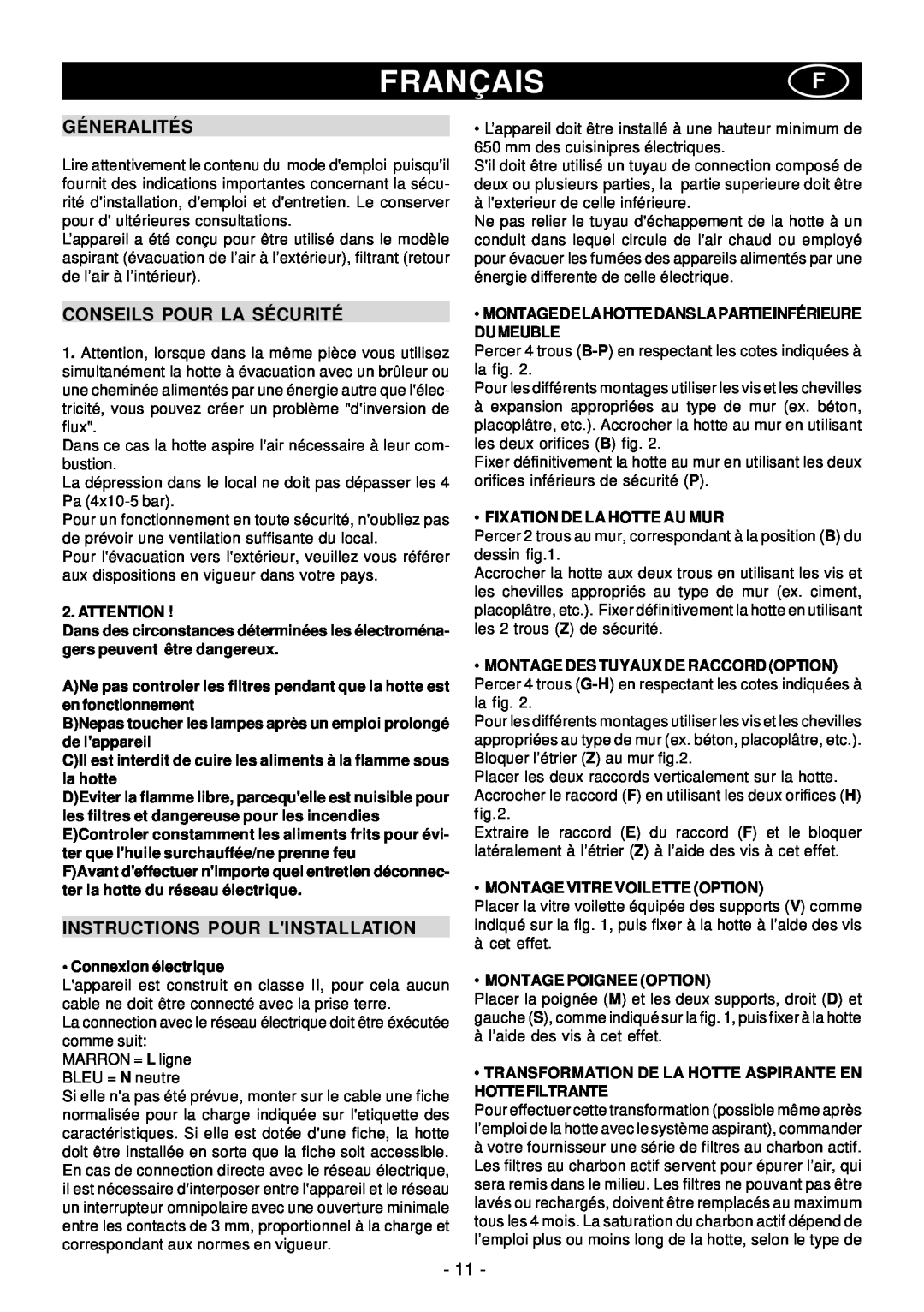 Elitair PN-36 manual Françaisf, Géneralités, Conseils Pour La Sécurité, Instructions Pour Linstallation 