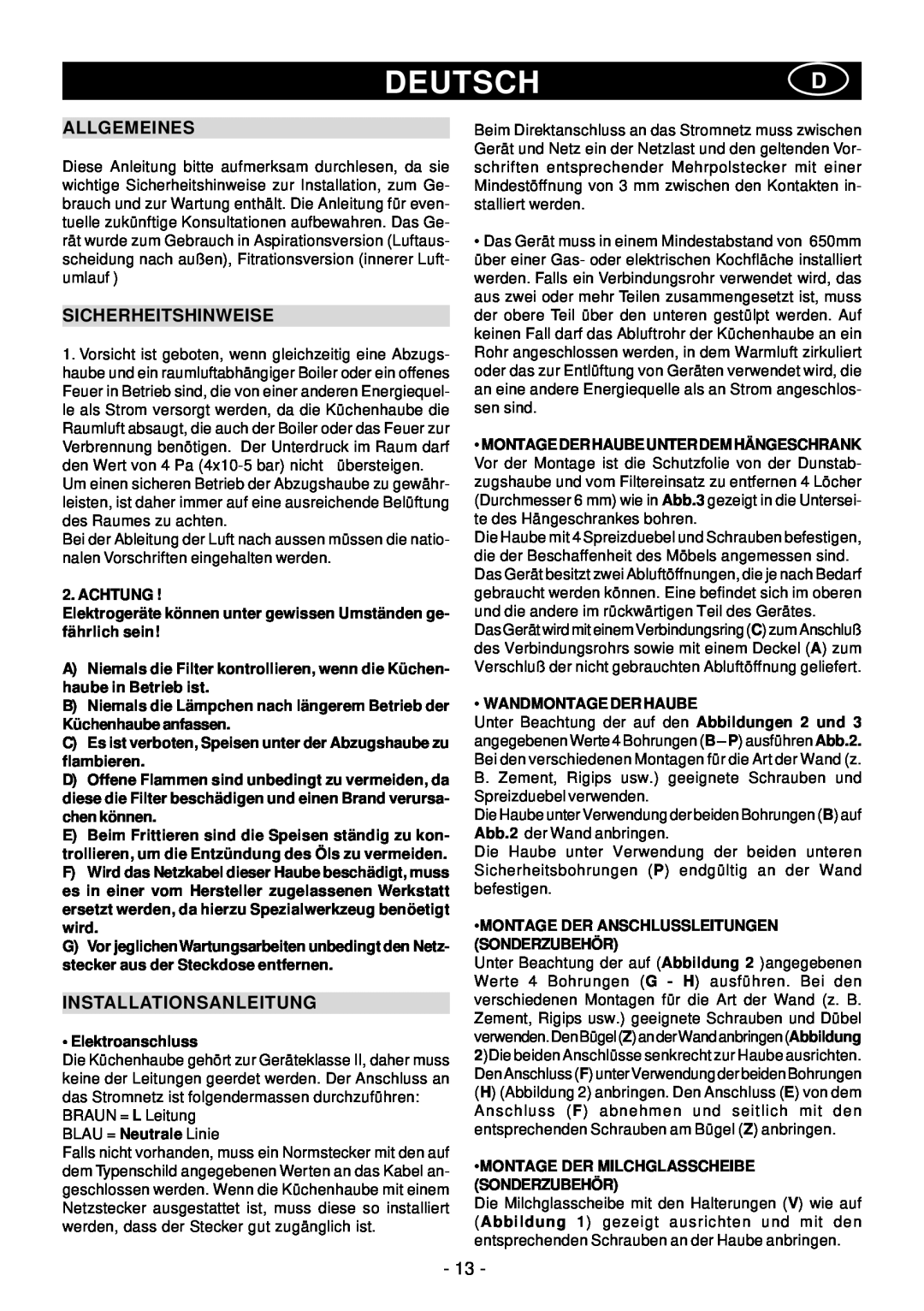 Elitair PN-36 manual Deutschd, Allgemeines, Sicherheitshinweise, Installationsanleitung 