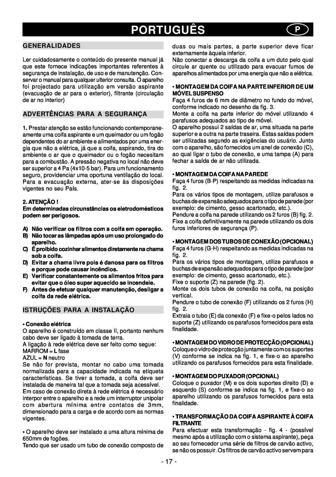 Elitair PN-36 manual Portuguêsp, Advertências Para A Segurança, Istruções Para A Instalação, Generalidades 
