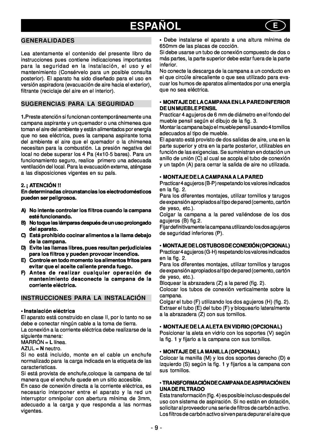 Elitair PN-36 manual Españole, Generalidades, Sugerencias Para La Seguridad, Instrucciones Para La Instalación 