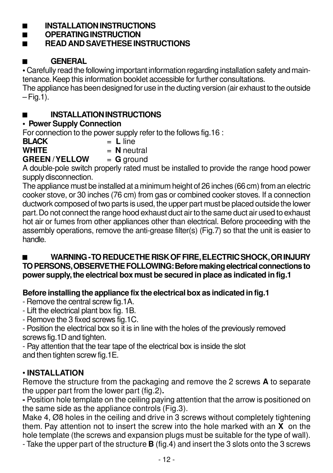 Elitair PN-I manual Black, White, Green /YELLOW, Installation 