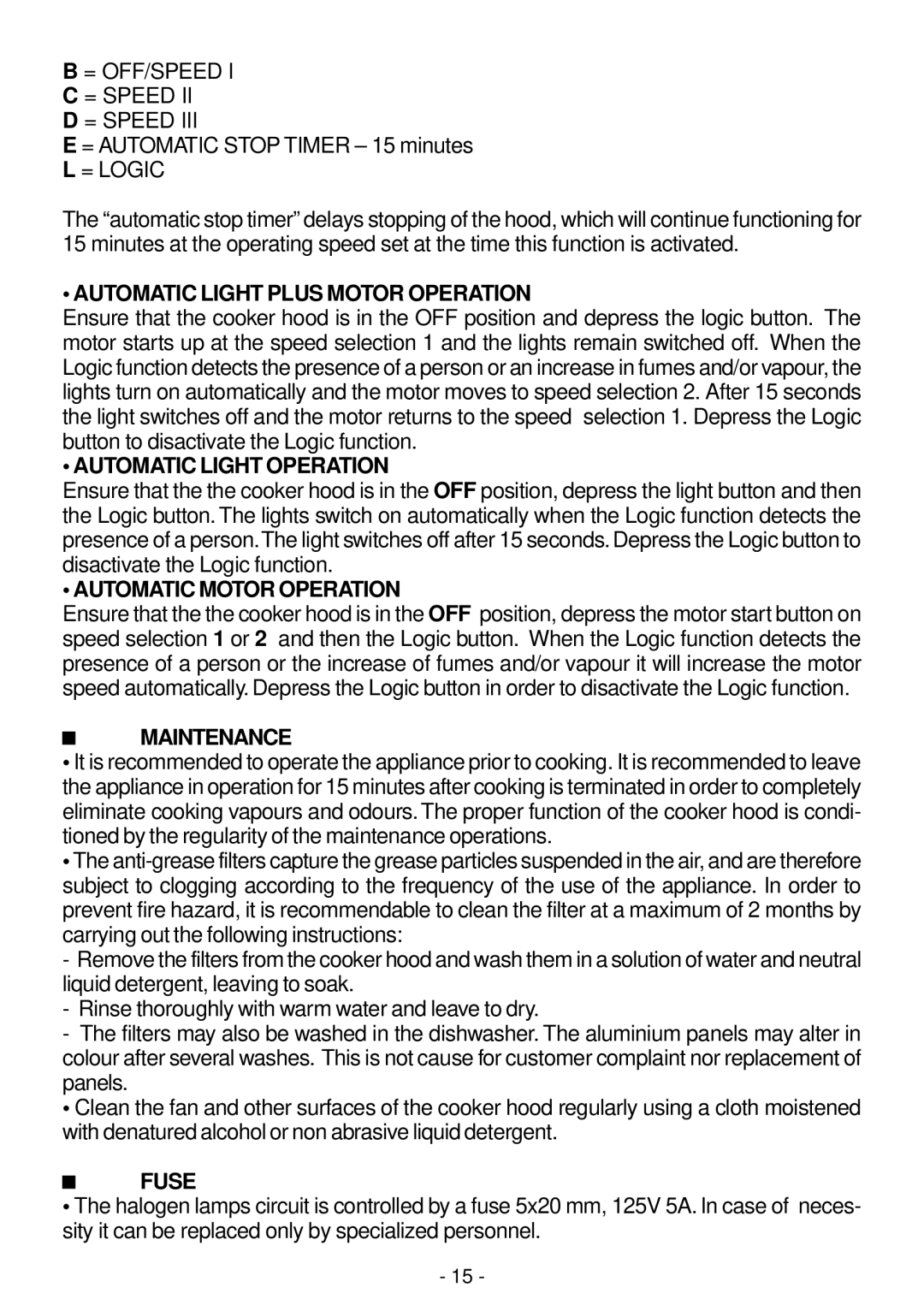 Elitair PN-I Automatic Light Plus Motor Operation, Automatic Light Operation, Automatic Motor Operation, Maintenance, Fuse 