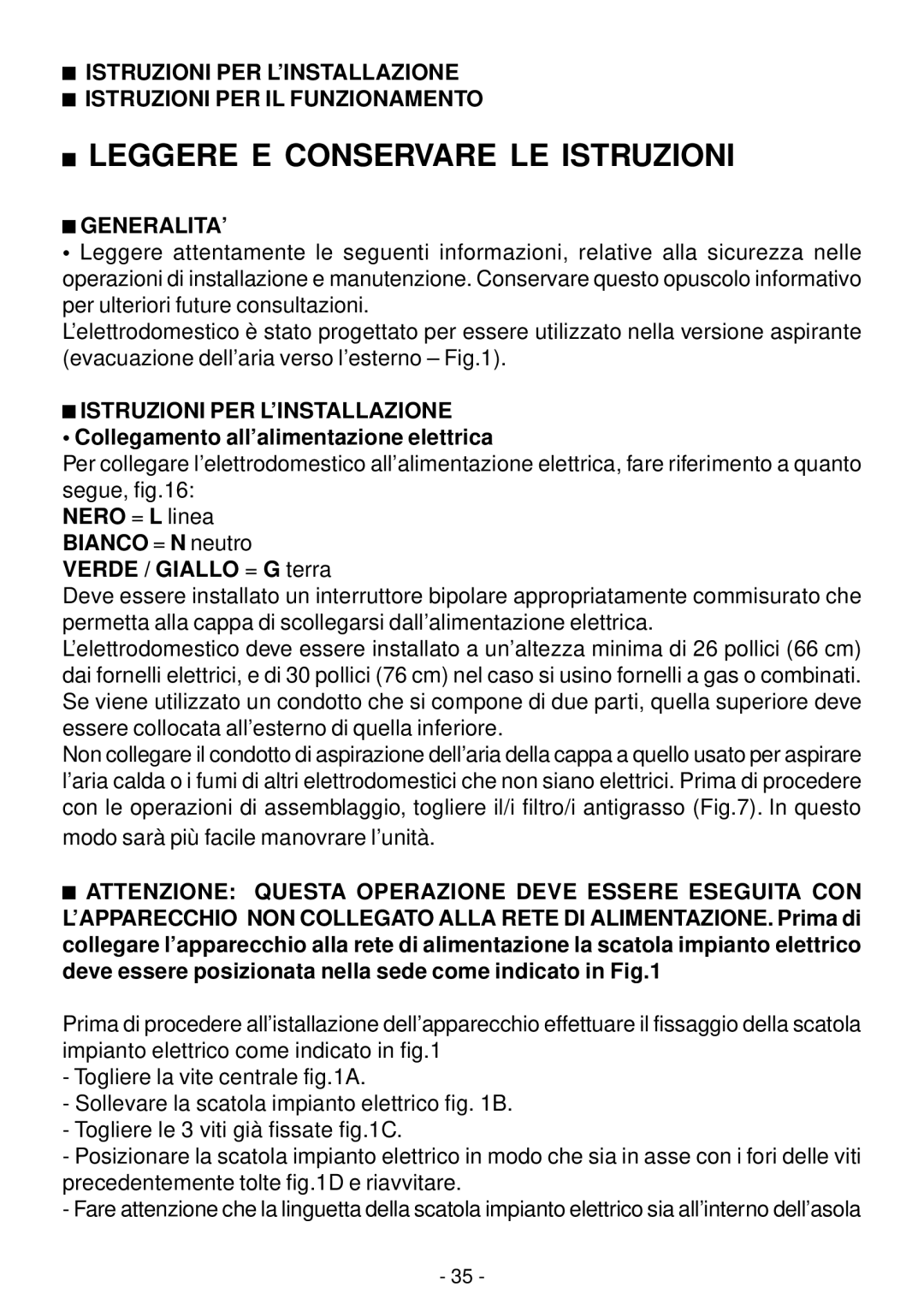 Elitair PN-I manual Generalita’, Collegamento all’alimentazione elettrica 