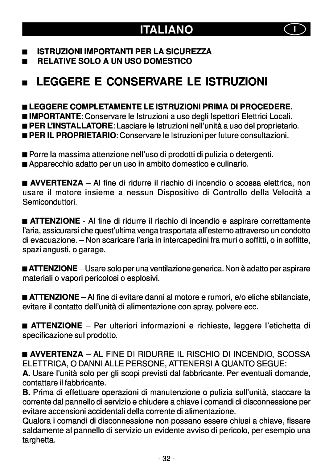 Elitair PN-I manual Italianoi, Leggere E Conservare Le Istruzioni, Istruzioni Importanti Per La Sicurezza 