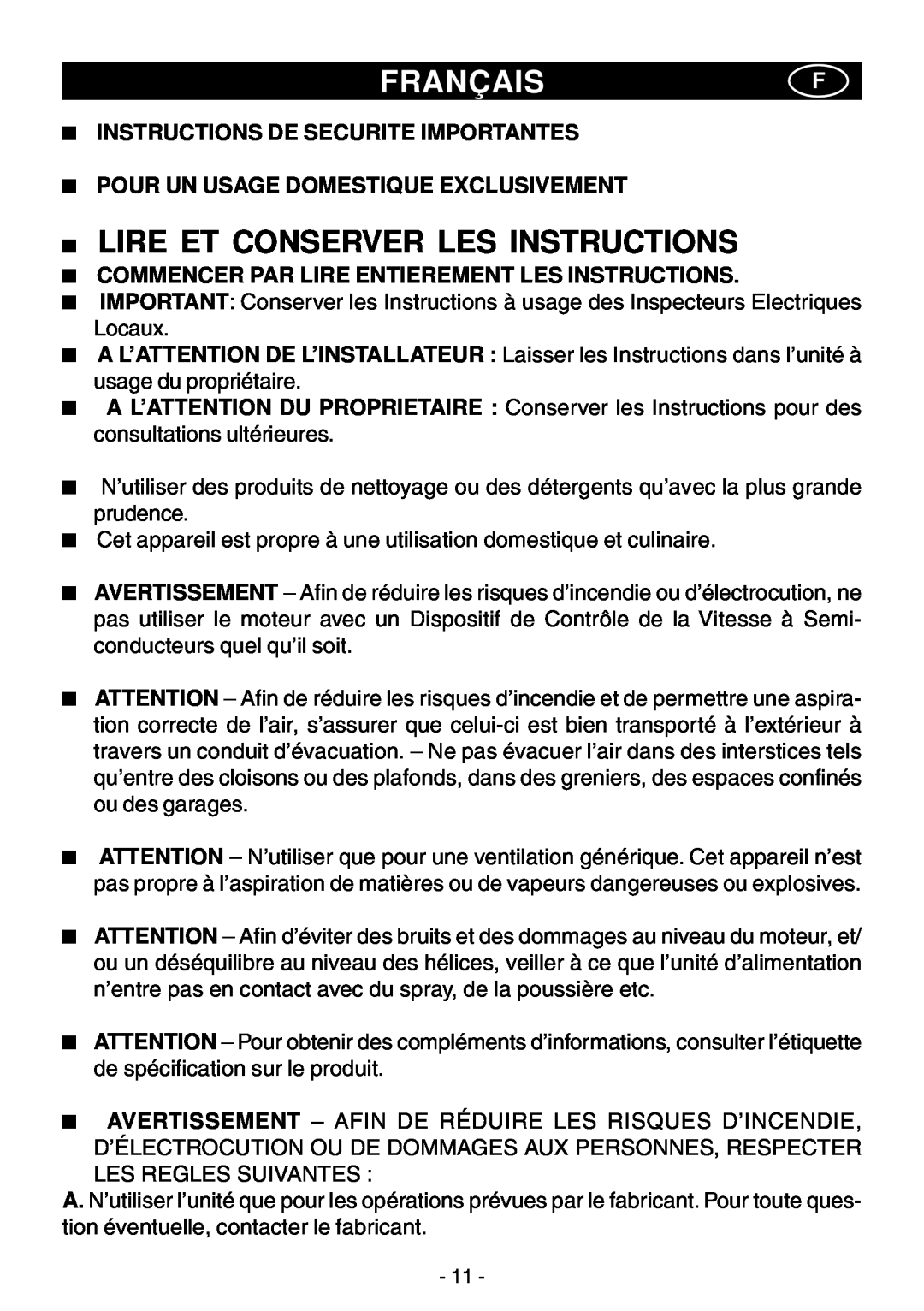 Elitair ZN-36 manual Françaisf, Lire Et Conserver Les Instructions, Instructions De Securite Importantes 