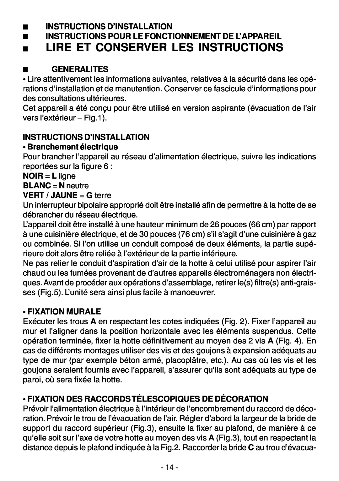 Elitair ZN-36 Instructions Pour Le Fonctionnement De L’Appareil, Generalites, Fixation Murale, Instructions D’Installation 
