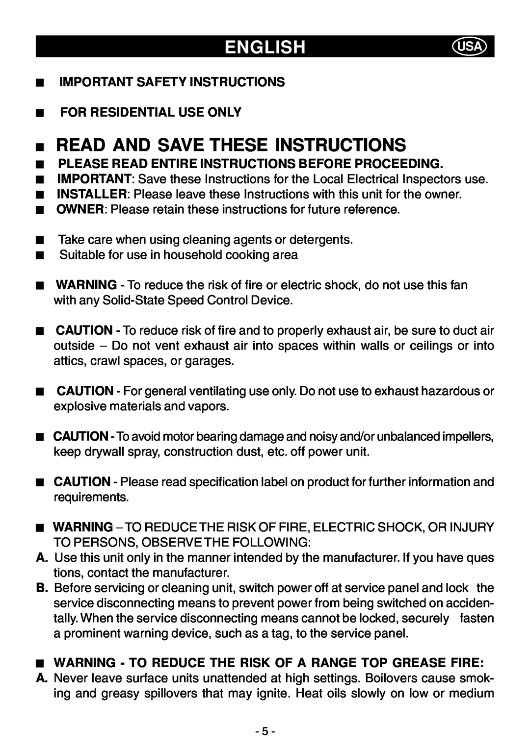 Elitair ZN-36 manual Englishusa, Read And Save These Instructions, Important Safety Instructions For Residential Use Only 