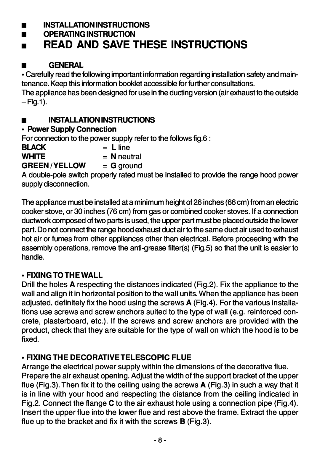 Elitair ZN-36 Installation Instructions Operating Instruction, General, INSTALLATION INSTRUCTIONS Power Supply Connection 