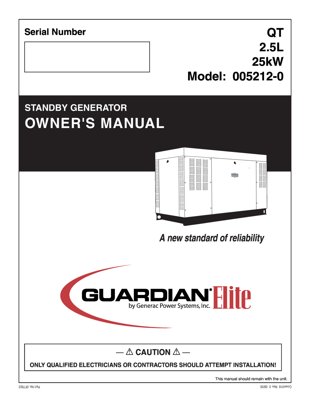 Elite 005212-0 owner manual Model, QT 2.5L 25kW, A new standard of reliability, Serial Number, Standby Generator 