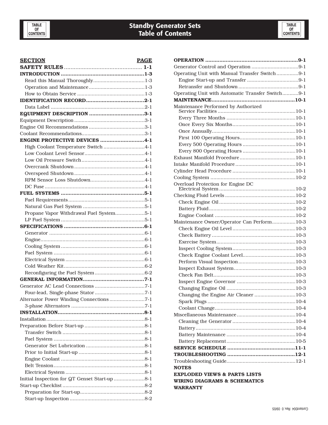 Elite 005212-0 owner manual Standby Generator Sets Table of Contents, Section, Page, Safety Rules 