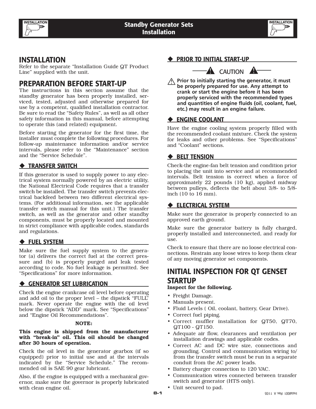 Elite 005212-0 owner manual Installation, Preparation Before START-UP, Initial Inspection for QT Genset Startup 