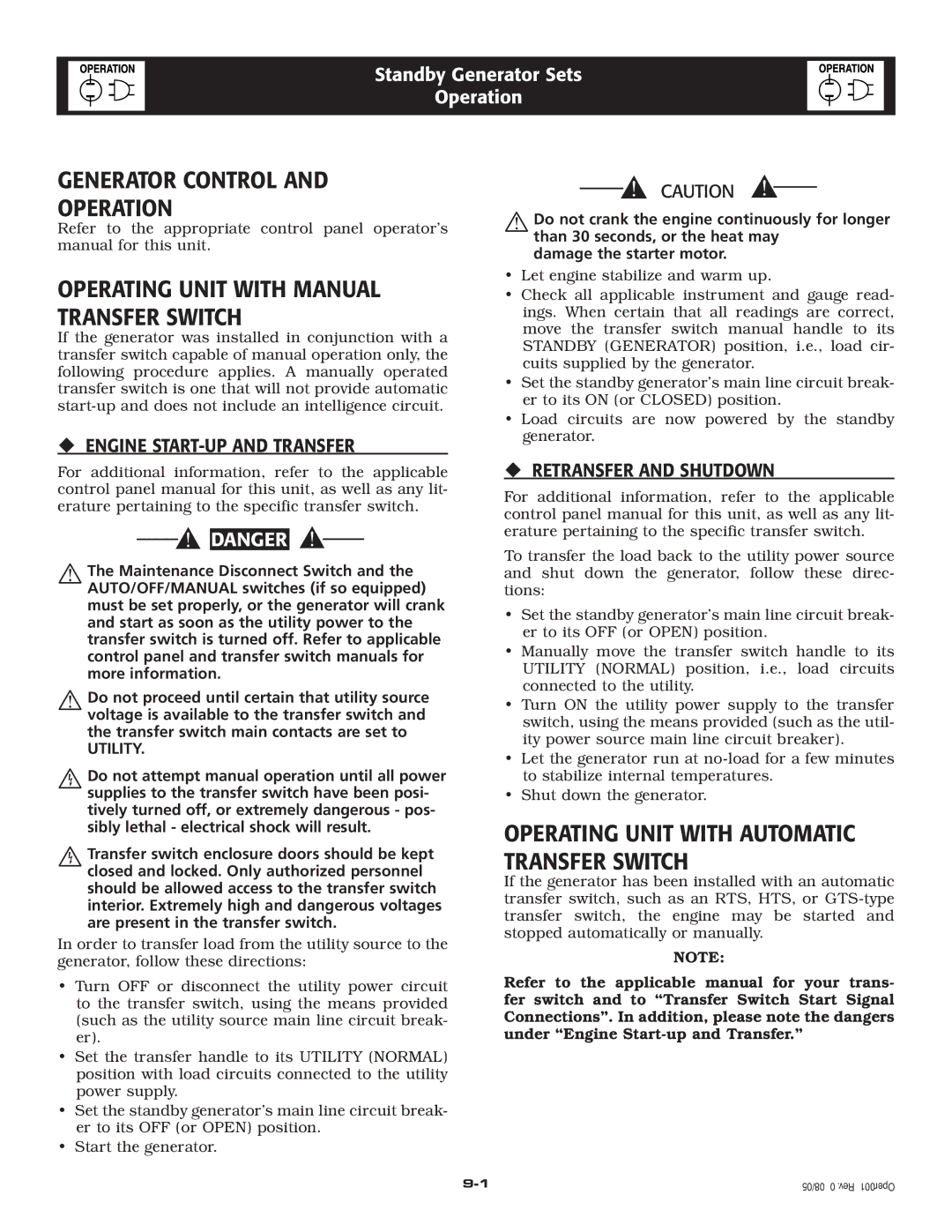 Elite 005212-0 Generator Control Operation, Operating Unit with Manual Transfer Switch, ‹ Engine START-UP and Transfer 