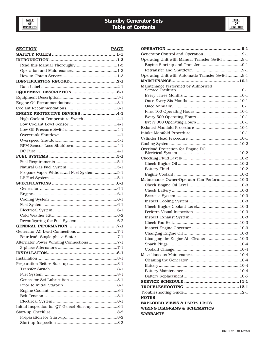 Elite 005212-0 owner manual Standby Generator Sets Table of Contents 