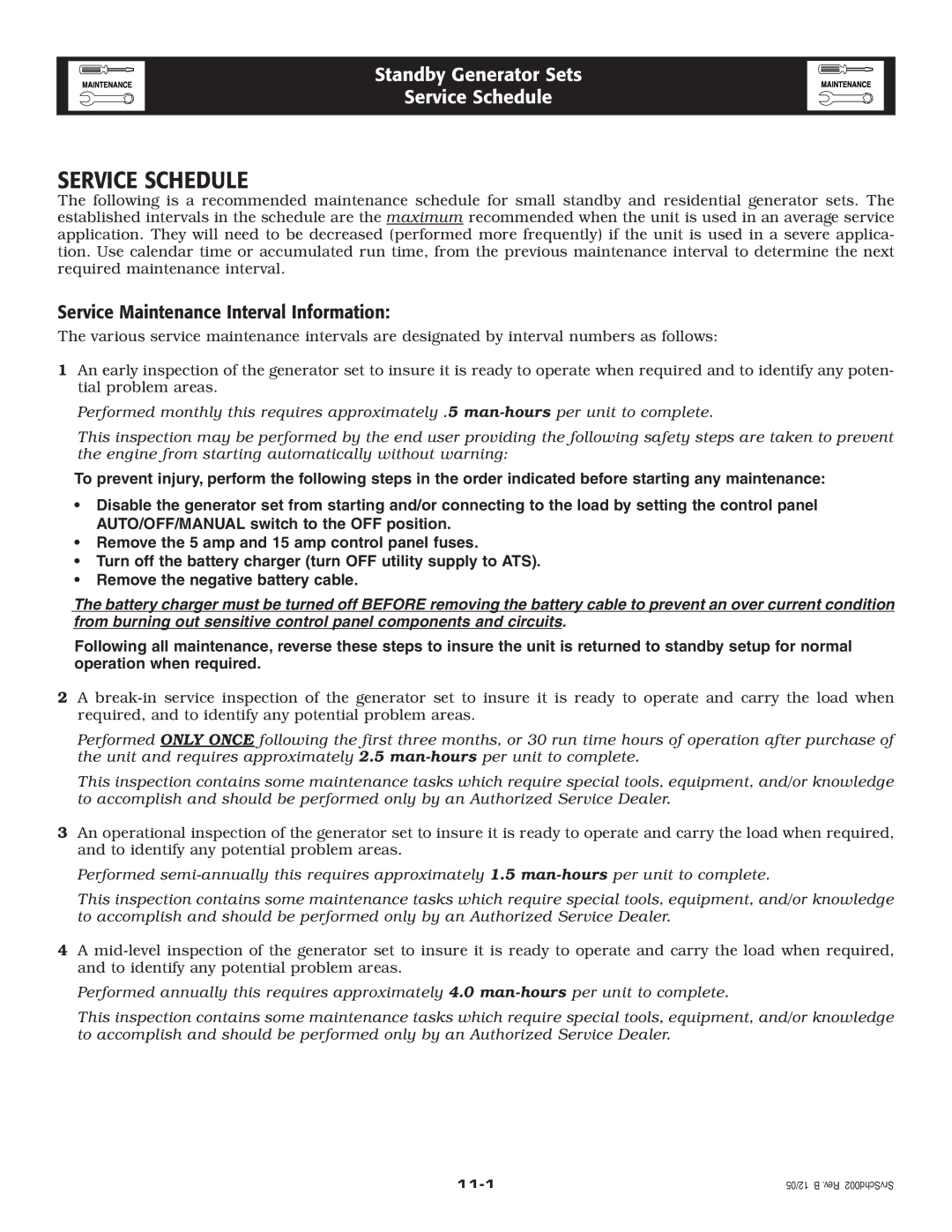 Elite 005212-0 owner manual Service Schedule, Service Maintenance Interval Information 