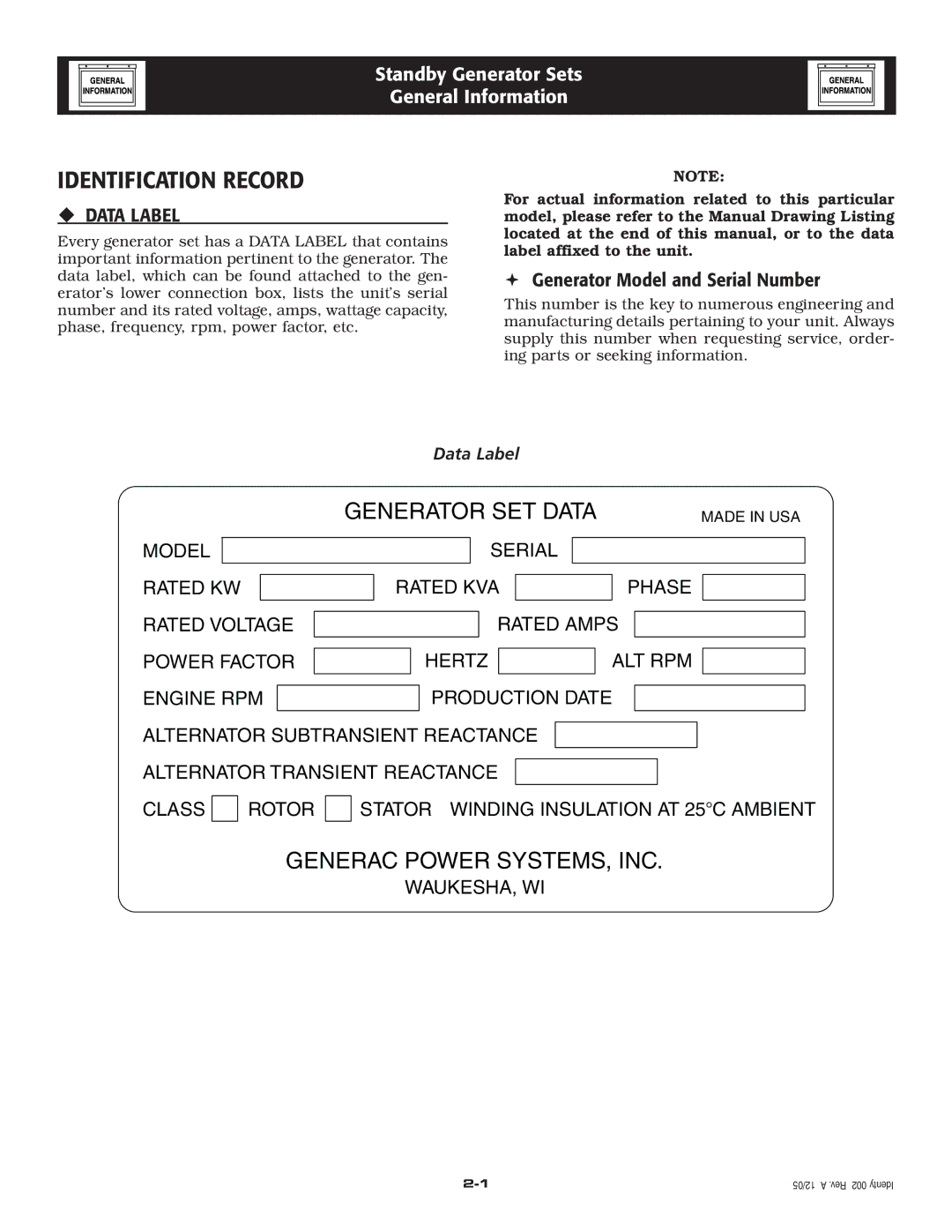 Elite 005212-0 owner manual Identification Record, ‹ Data Label 