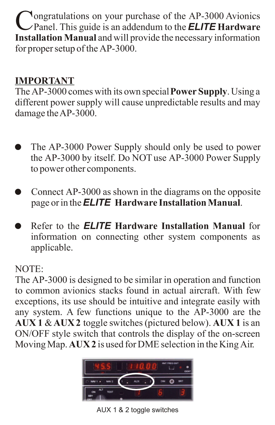 Elite AP-3000 manual AUX 1 & 2 toggle switches 