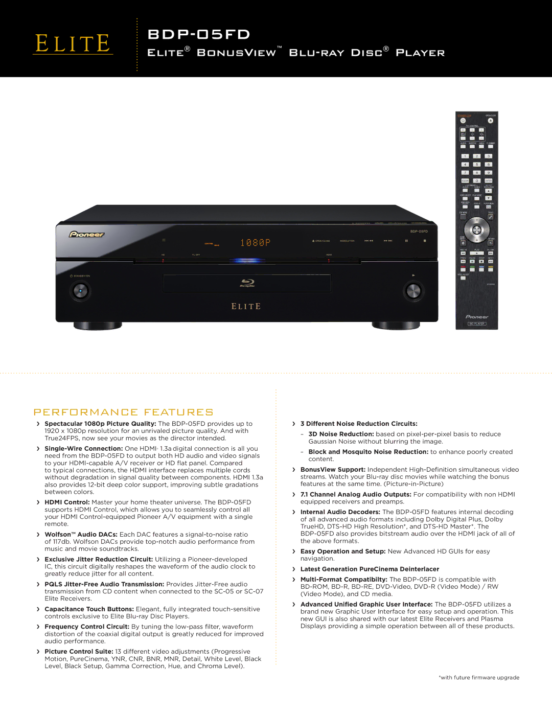 Elite BDP-05FD manual Elite Bonusview BLU-RAYDISC Player, Performance Features, ›› 3 Different Noise Reduction Circuits 