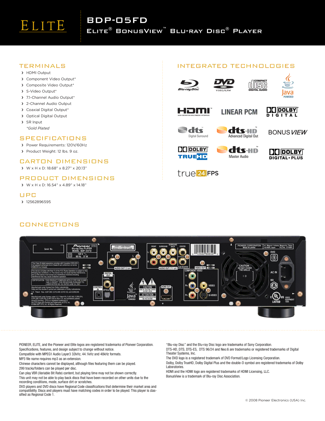 Elite BDP-05FD manual Terminals Integrated Technologies, Specifications, Carton Dimensions, Product Dimensions, Upc 