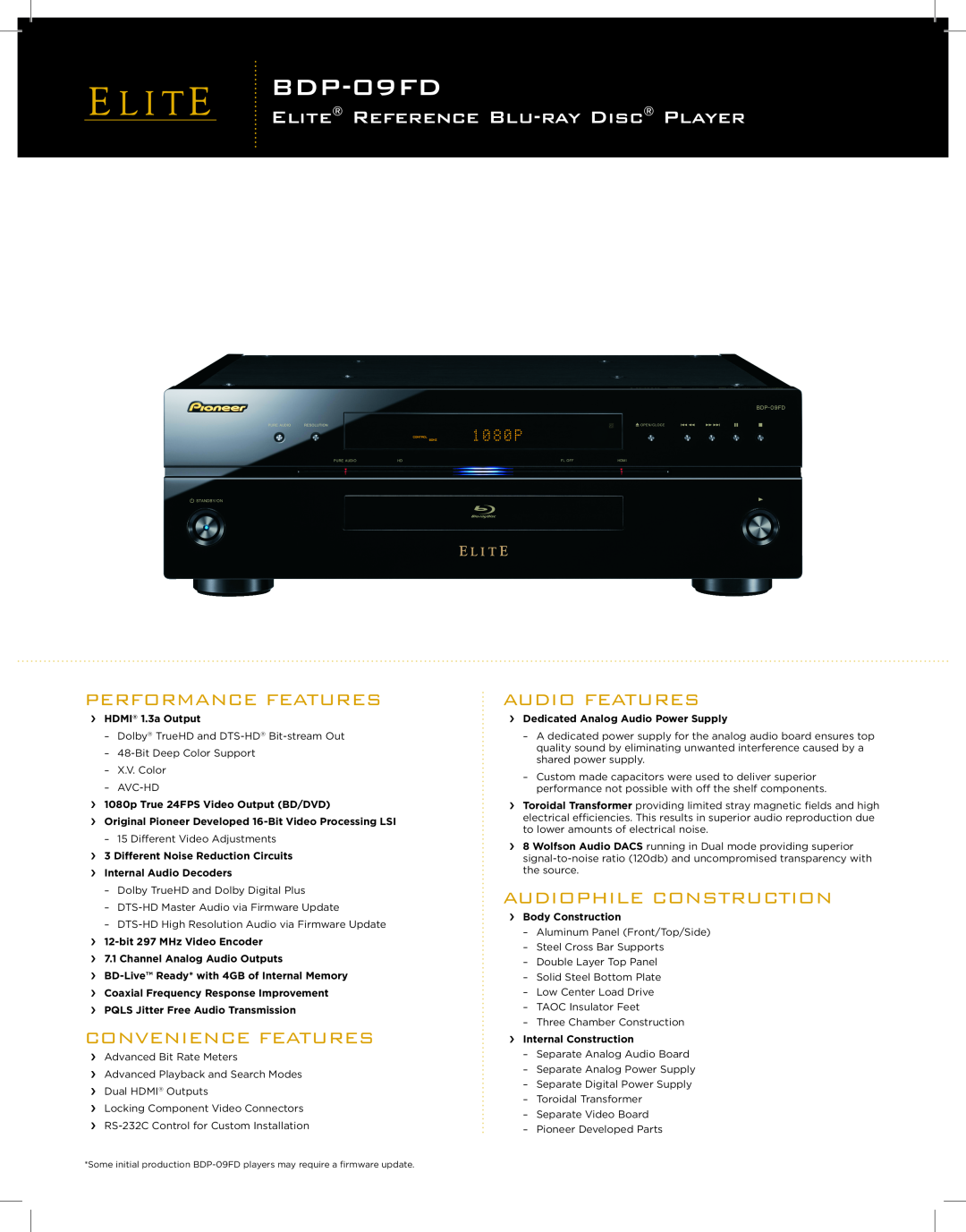 Elite BDP-09FD manual Elite Reference Blu-Ray Disc Player, Convenience Features, Audio Features, Audiophile Construction 