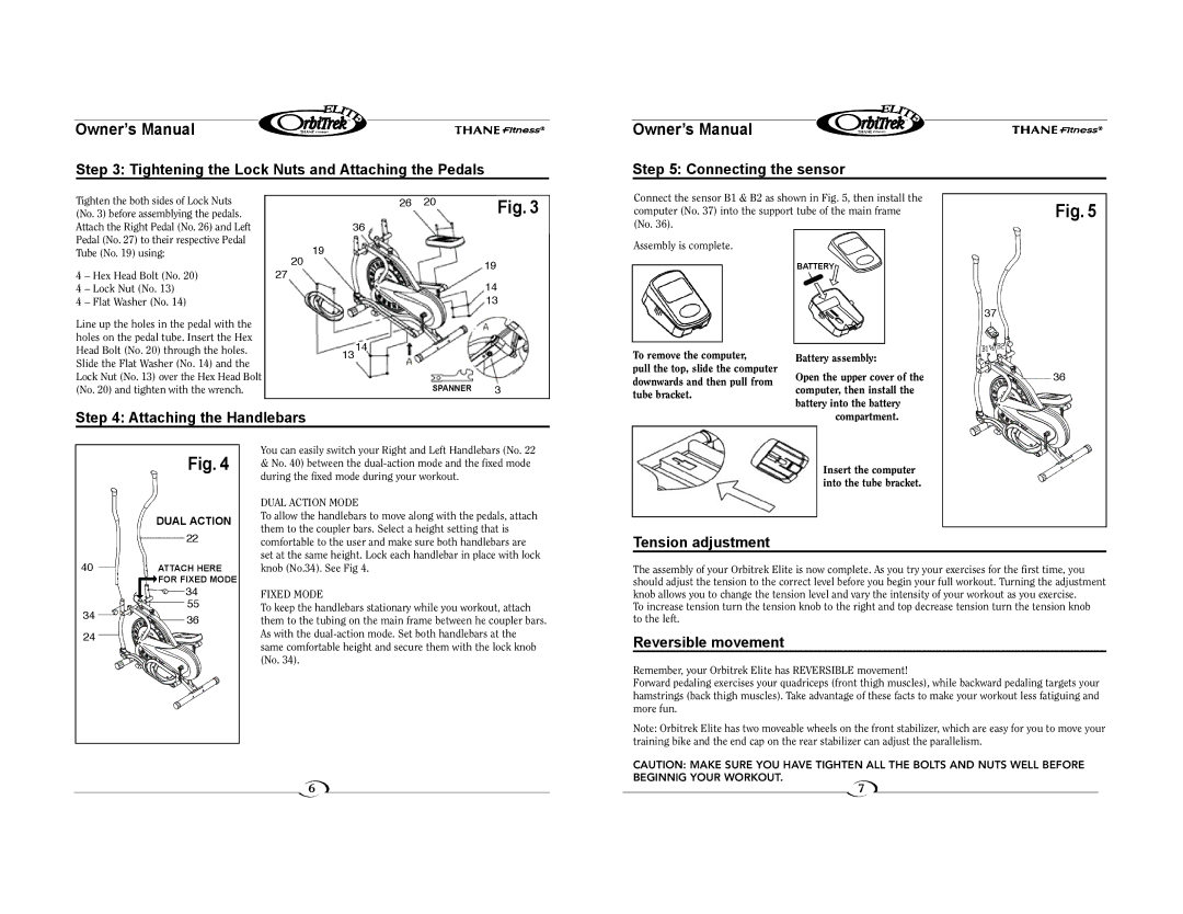 Elite BK2080 owner manual Attaching the Handlebars, Tension adjustment, Reversible movement, Dual Action Mode, Fixed Mode 