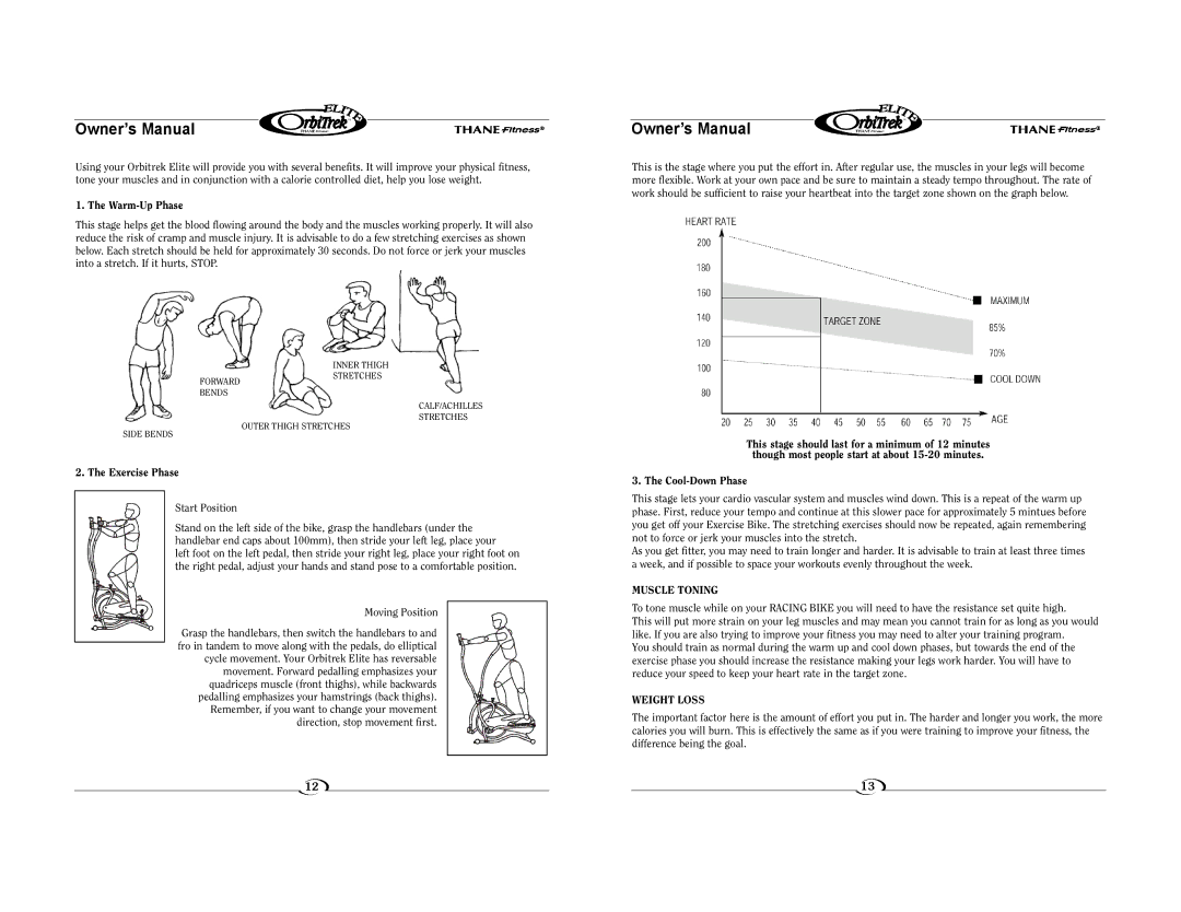 Elite BK2080 owner manual Exercise Phase Start Position, Moving Position, Cool-Down Phase, Muscle Toning, Weight Loss 