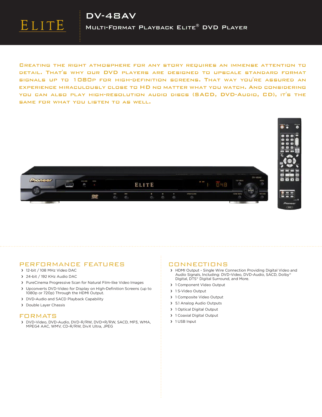 Elite DV-48AV manual MULTI-FORMAT Playback Elite DVD Player, Performance Features, Formats, Connections 