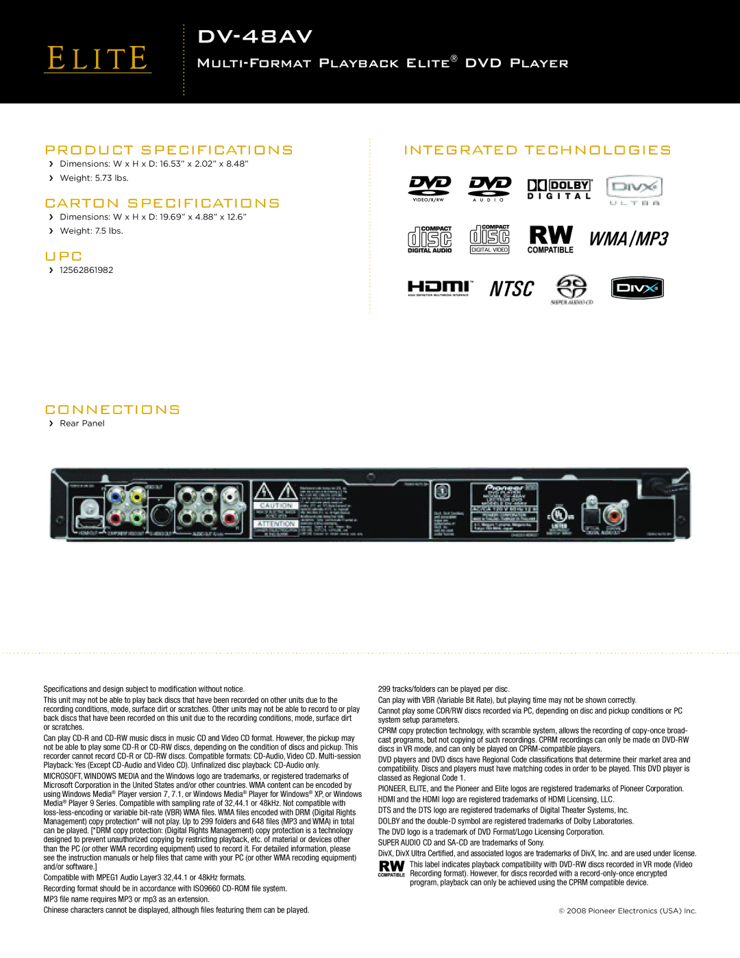 Elite DV-48AV manual Product Specifications, Carton Specifications, Upc, Integrated Technologies, Connections 