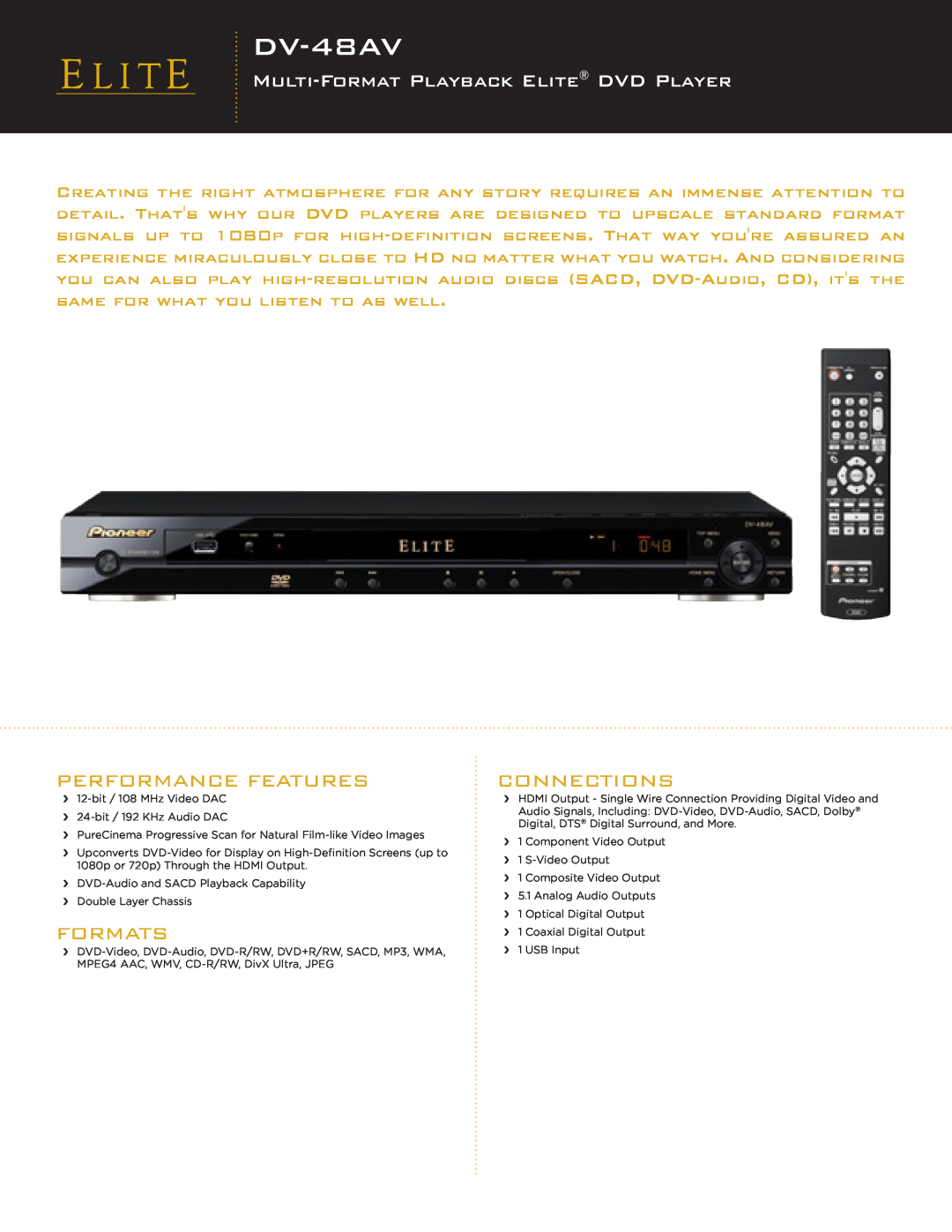 Elite DV-48AV manual Multi-Format Playback Elite Dvd Player, Performance Features, Formats, Connections 