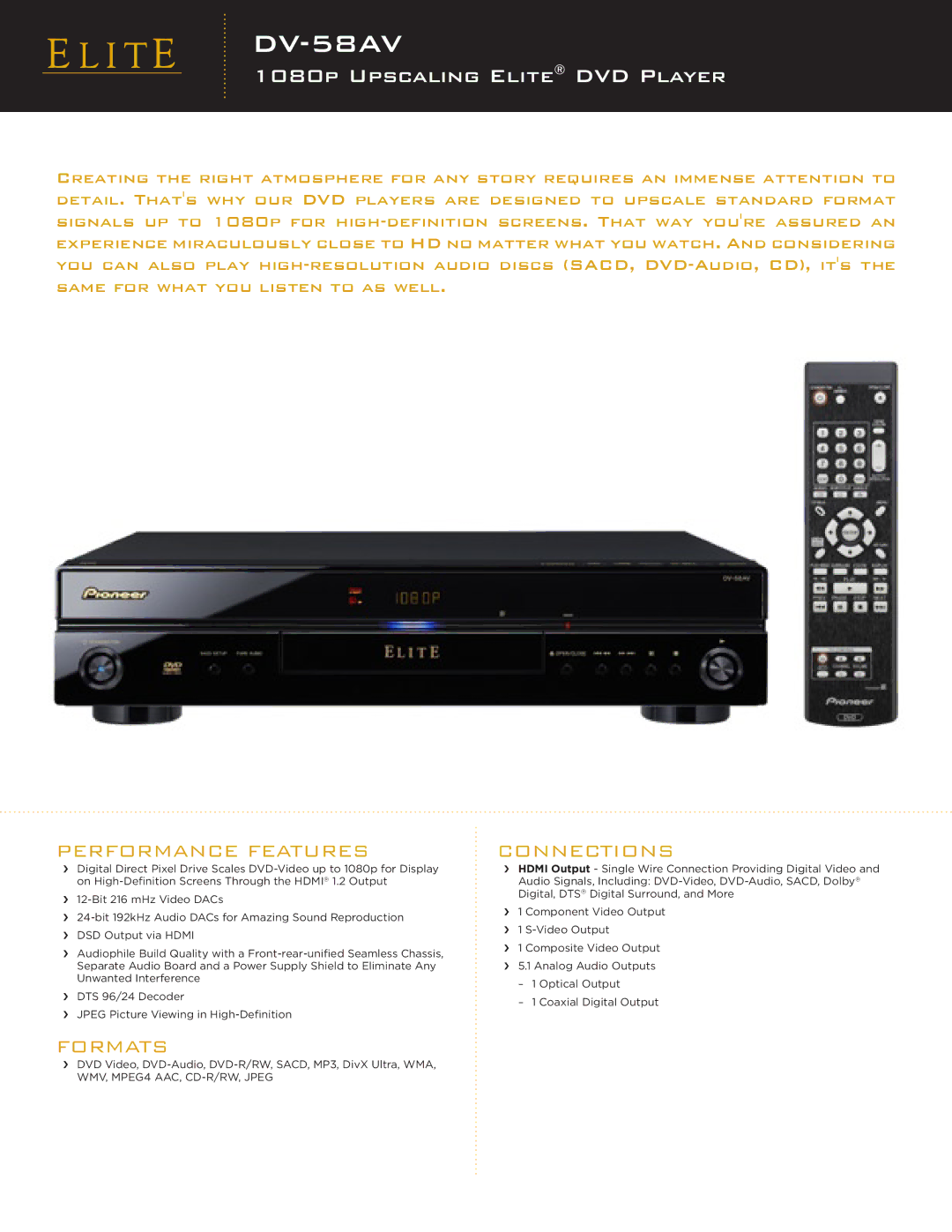 Elite DV-58AV manual 1080P Upscaling Elite DVD Player, Performance Features, Formats, Connections 