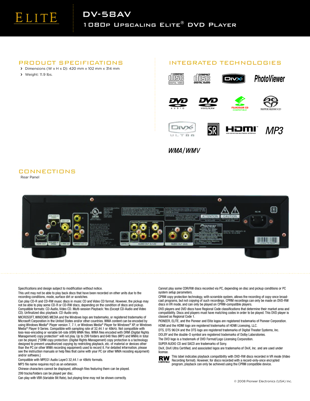 Elite DV-58AV manual Product Specifications, Integrated Technologies, Connections 