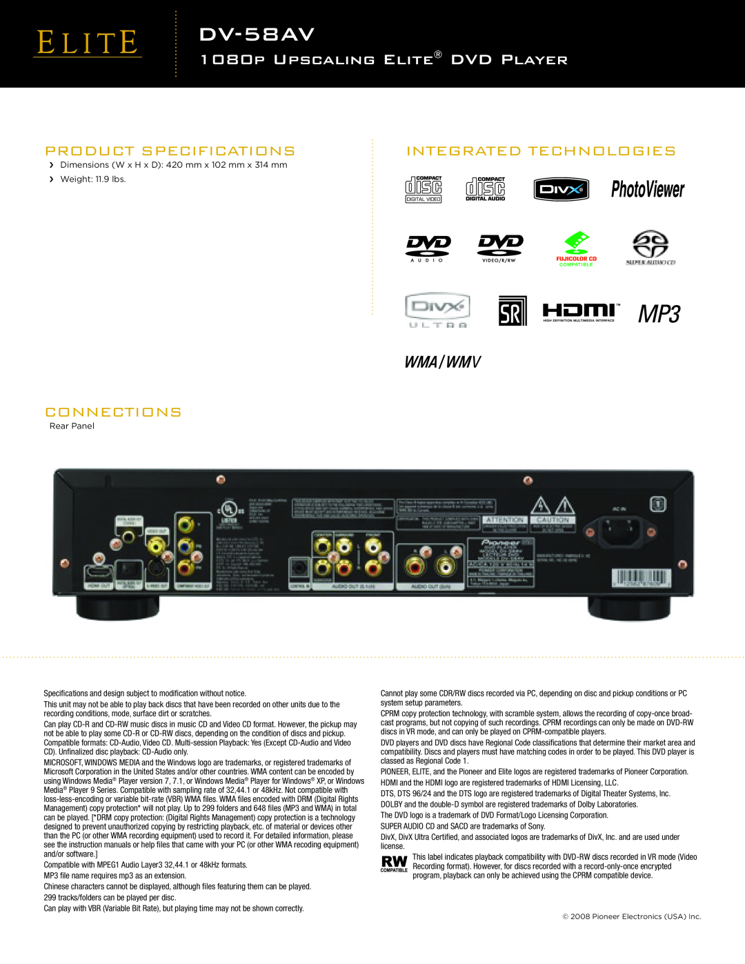 Elite DV-58AV manual Product Specifications, Integrated Technologies, 1080P UPSCALING ELITE DVD PLAYER, Connections 