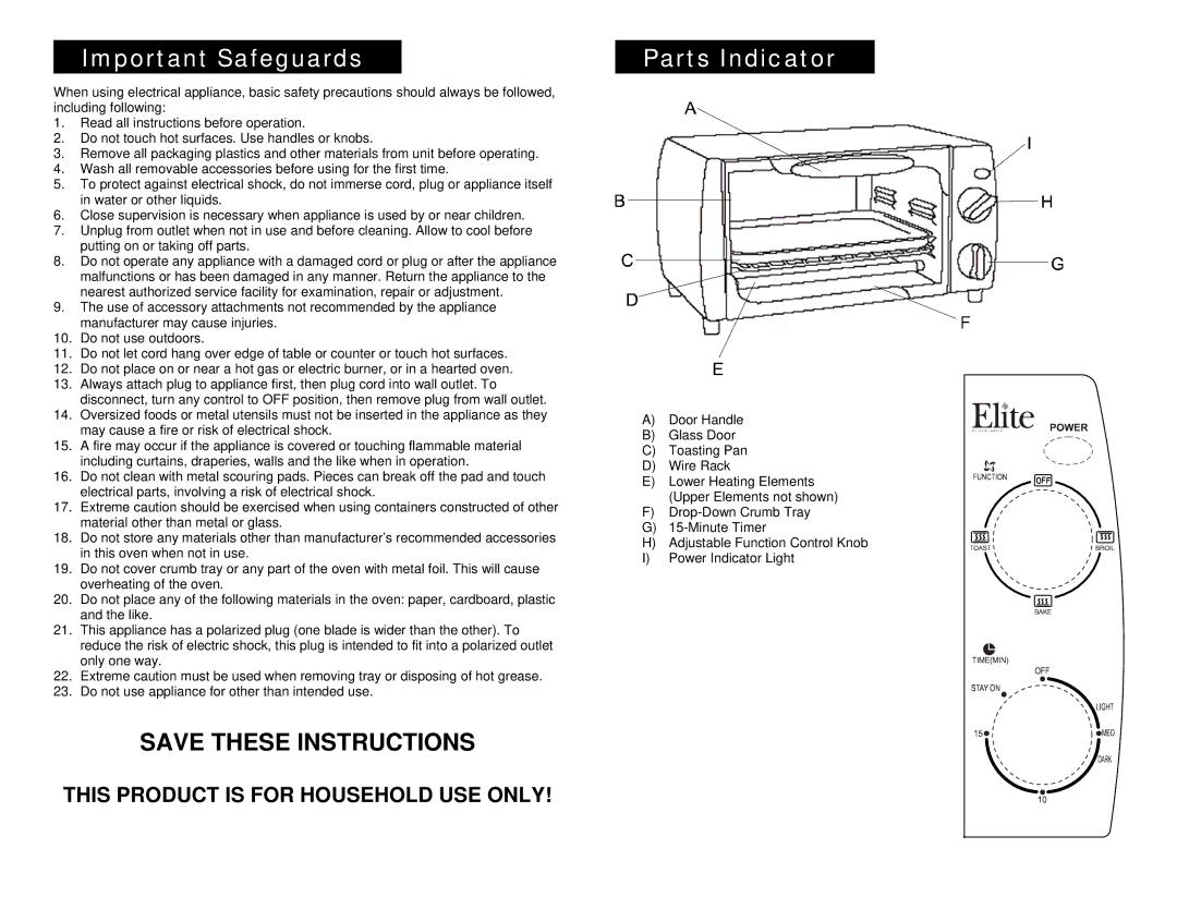 Elite EKA-9210W, EKA-9210B warranty ….Important Safeguards…, ….Parts Indicator… 