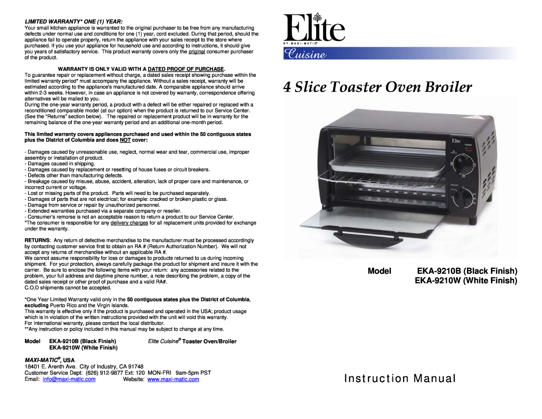 Elite warranty Slice Toaster Oven Broiler, Model, EKA-9210BBlack Finish, EKA-9210WWhite Finish, Maxi-Matic, Usa 