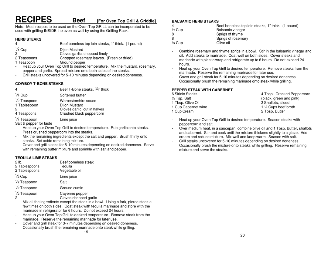 Elite ERO-2006S instruction manual Beef For Oven Top Grill & Griddle 