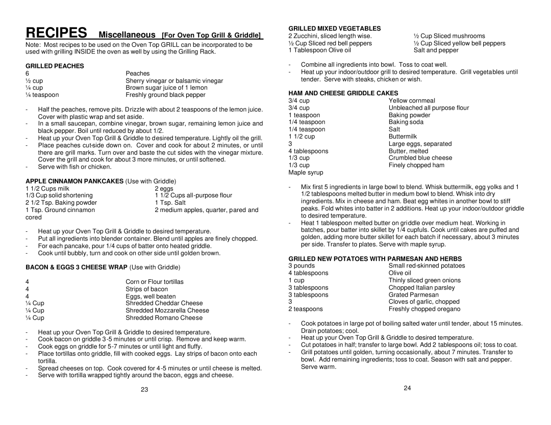 Elite ERO-2006S Recipes Miscellaneous For Oven Top Grill & Griddle, Grilled Peaches, Grilled Mixed Vegetables 