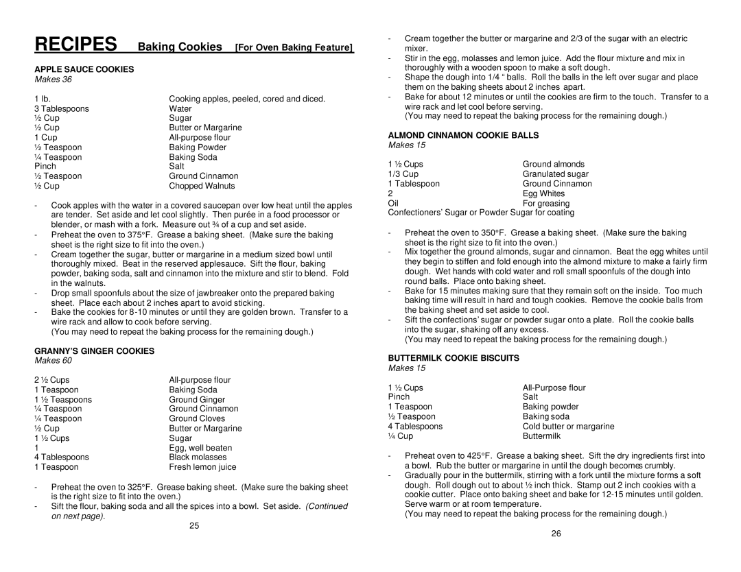 Elite ERO-2006S instruction manual GRANNY’S Ginger Cookies, Makes, Almond Cinnamon Cookie Balls, Buttermilk Cookie Biscuits 