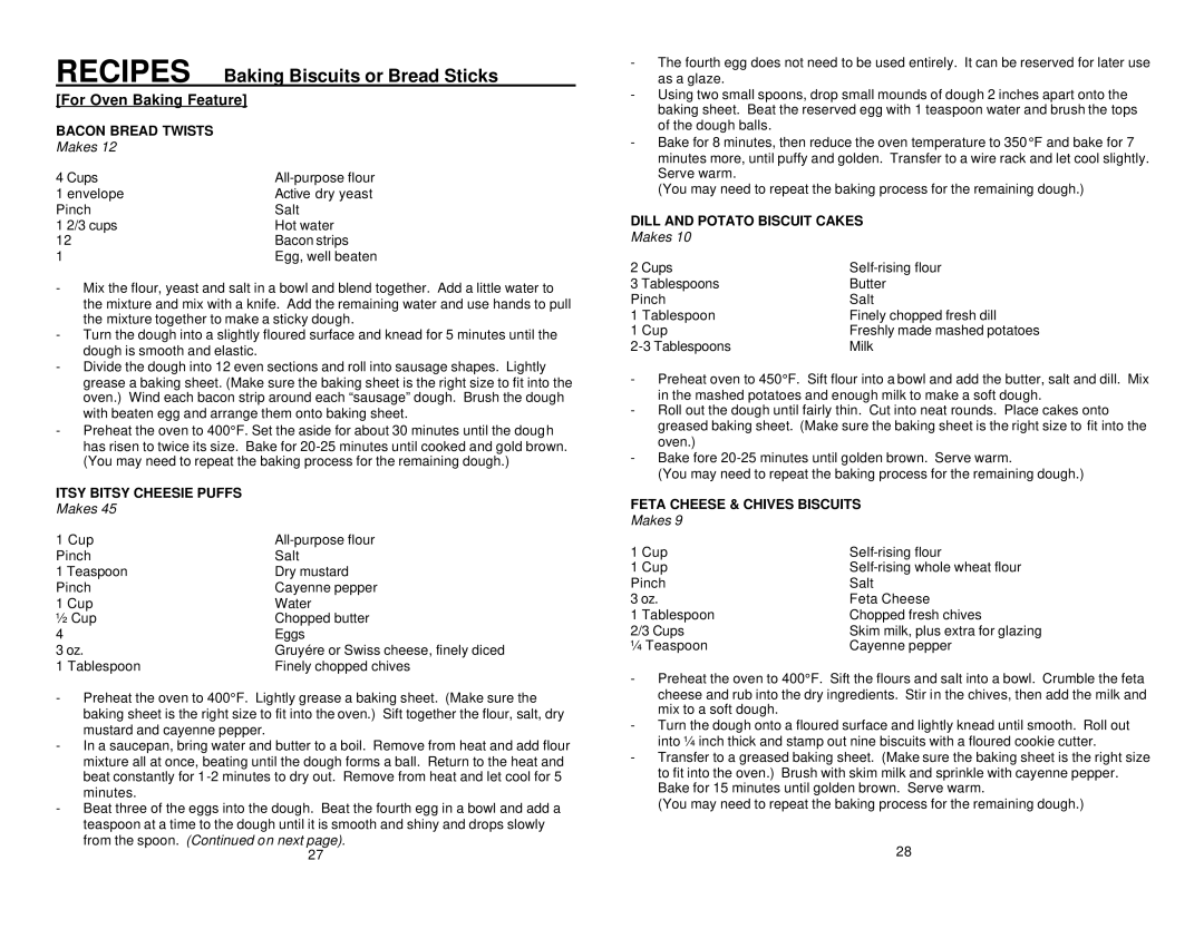 Elite ERO-2006S For Oven Baking Feature, Bacon Bread Twists, Itsy Bitsy Cheesie Puffs, Dill and Potato Biscuit Cakes 