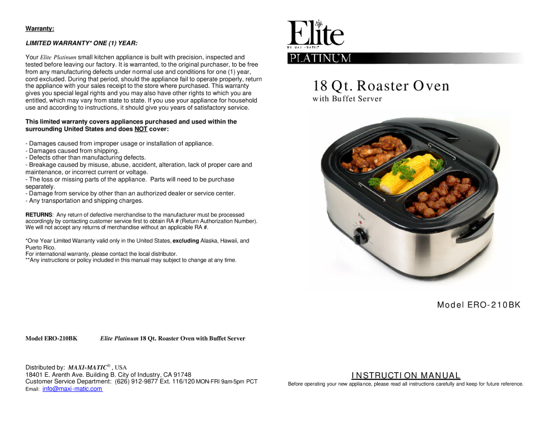 Elite ERO-210BK warranty 18 Qt. Roaster Oven 