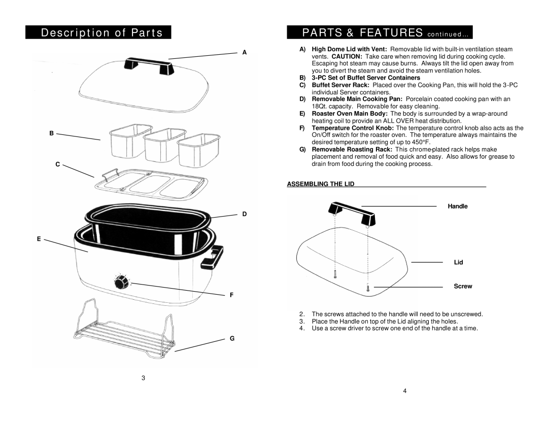 Elite ERO-210BK warranty Description of Parts Parts & Features …, Assembling the LID 