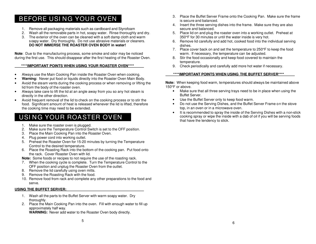 Elite ERO-210BK warranty Before Using Your Oven, Important Points When Using Your Roaster Oven, Using the Buffet Server 