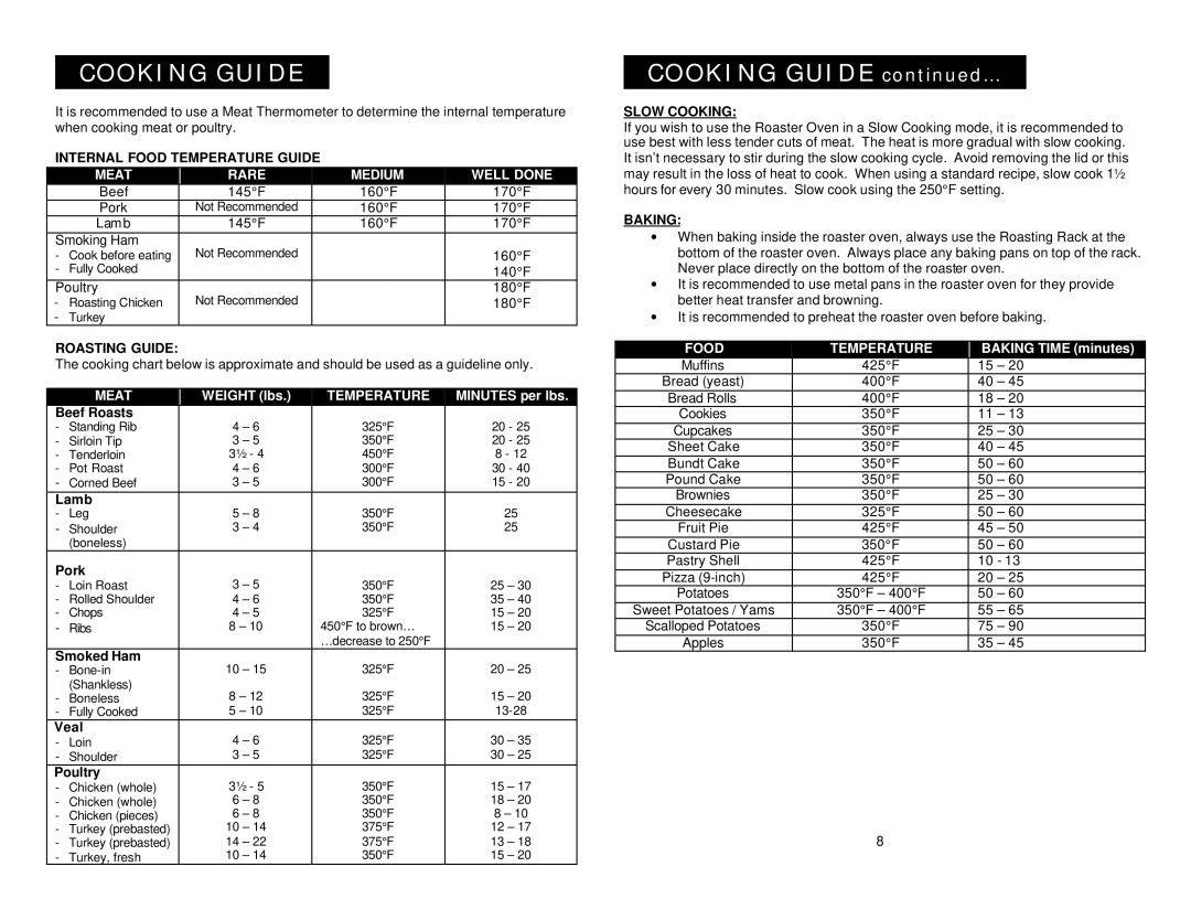 Elite ERO-210BK warranty Cooking Guide … 