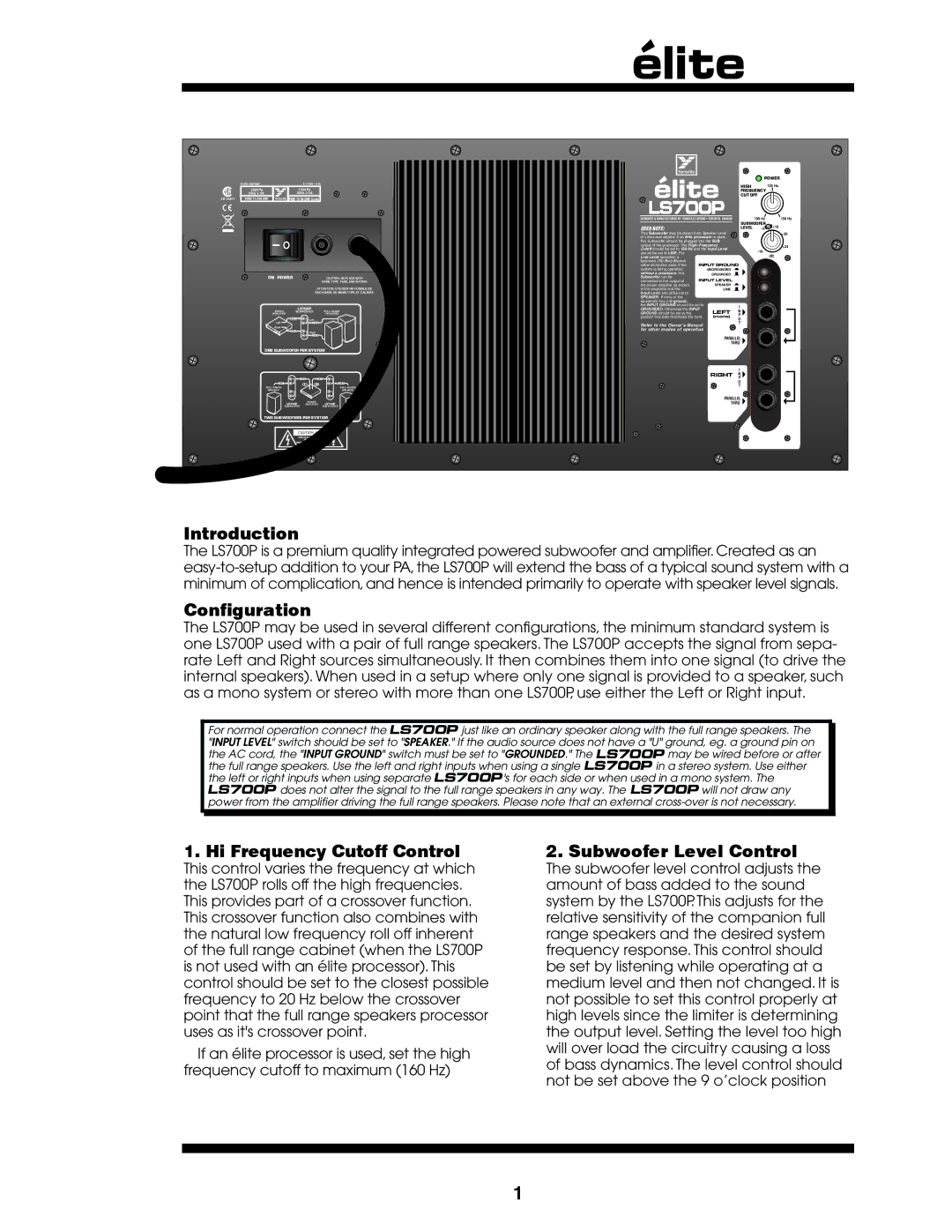 Elite ES700P owner manual Introduction, Configuration, Hi Frequency Cutoff Control, Subwoofer Level Control 