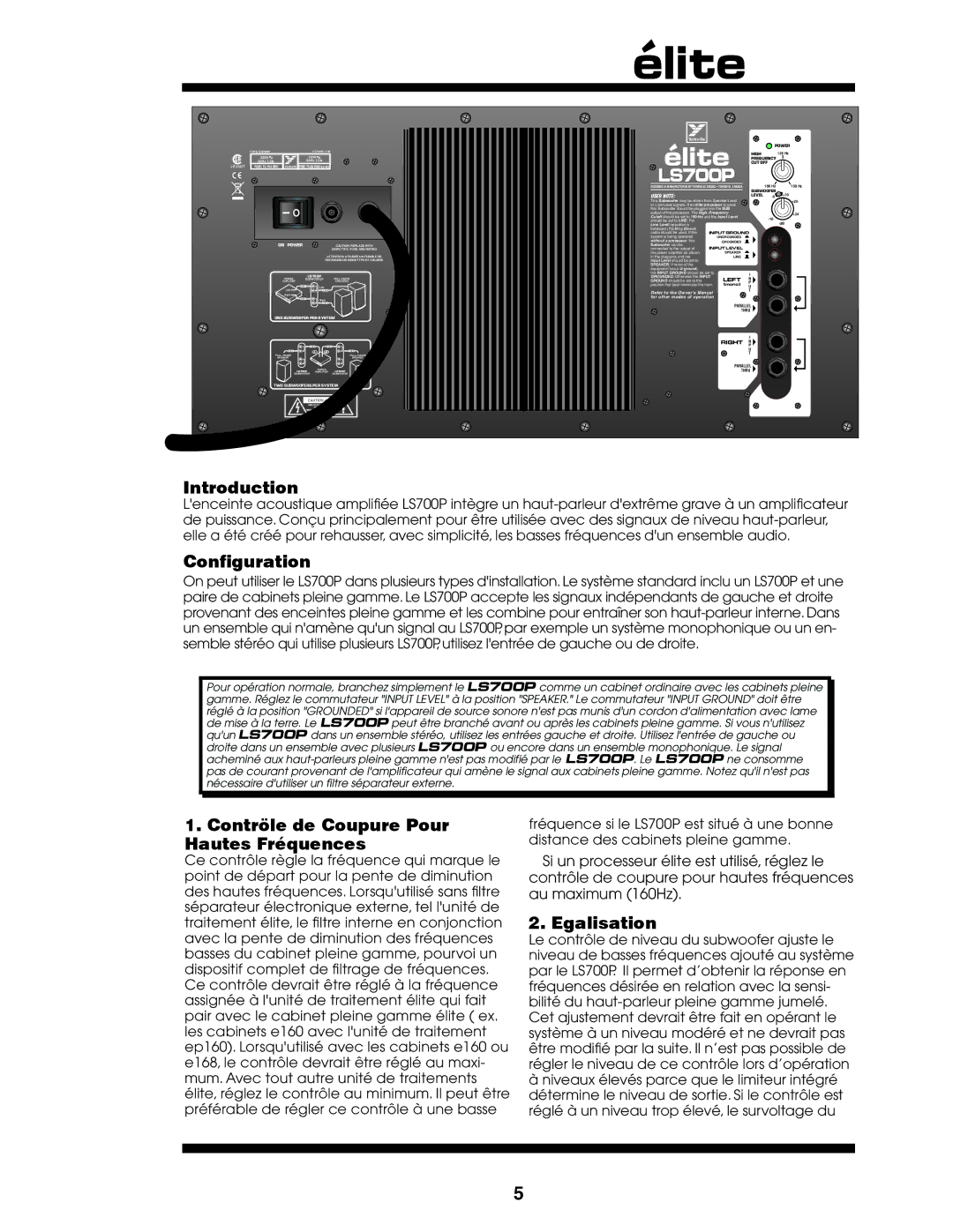 Elite ES700P owner manual Contröle de Coupure Pour Hautes Fréquences, Egalisation 