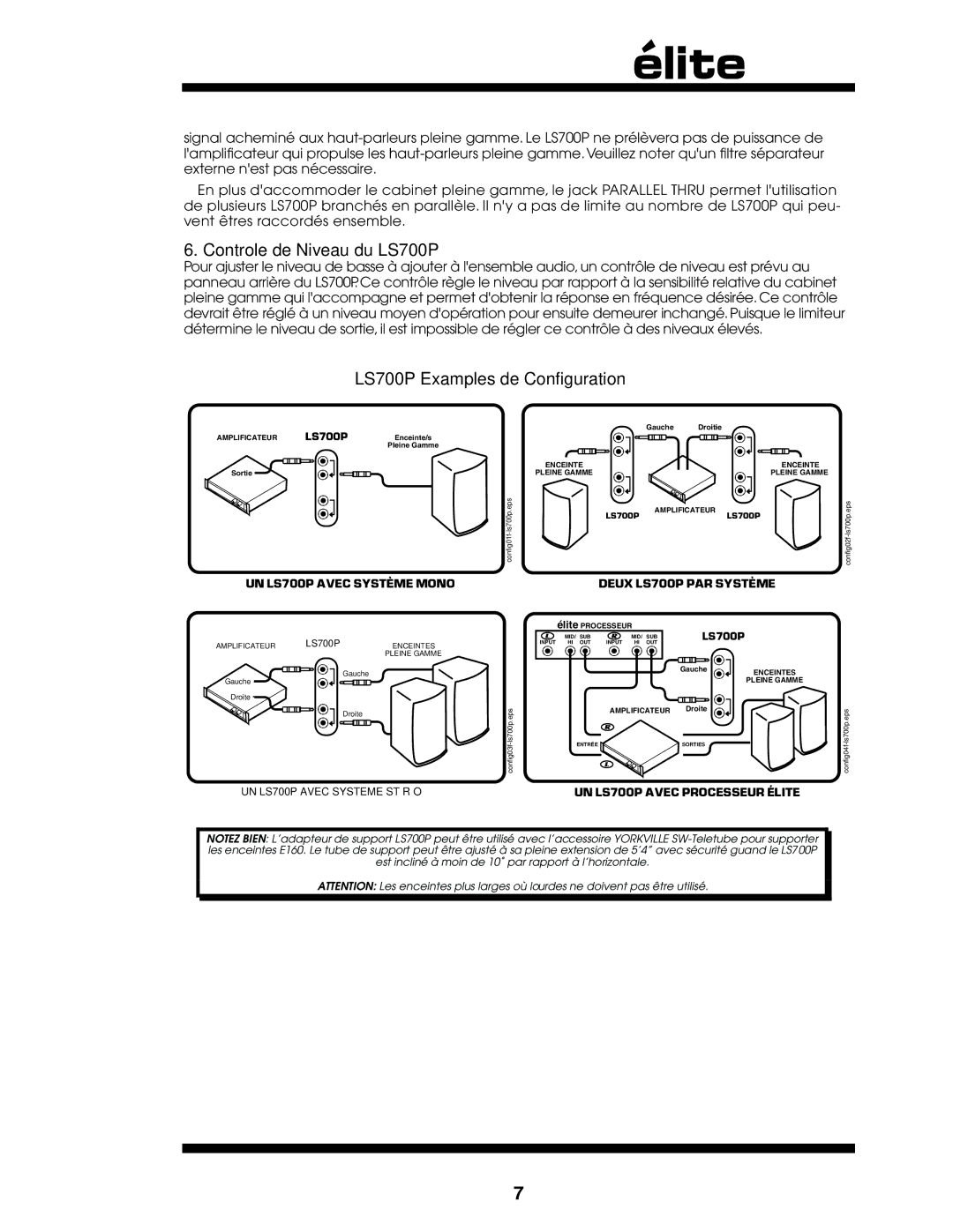 Elite ES700P owner manual Controle de Niveau du LS700P, LS700P Examples de Configuration 